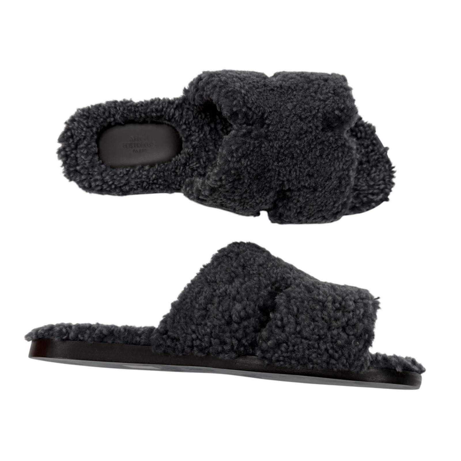 Hermes Izmir Shearling Leather Logo Boa Slide Sandals Gray — view 6
