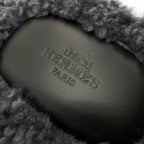 Hermes Izmir Shearling Leather Logo Boa Slide Sandals Gray — view 7