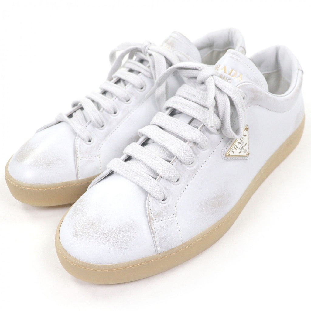 Prada Triangle Logo Distressed Low Cut Sneakers Leather Shoes White 7.5