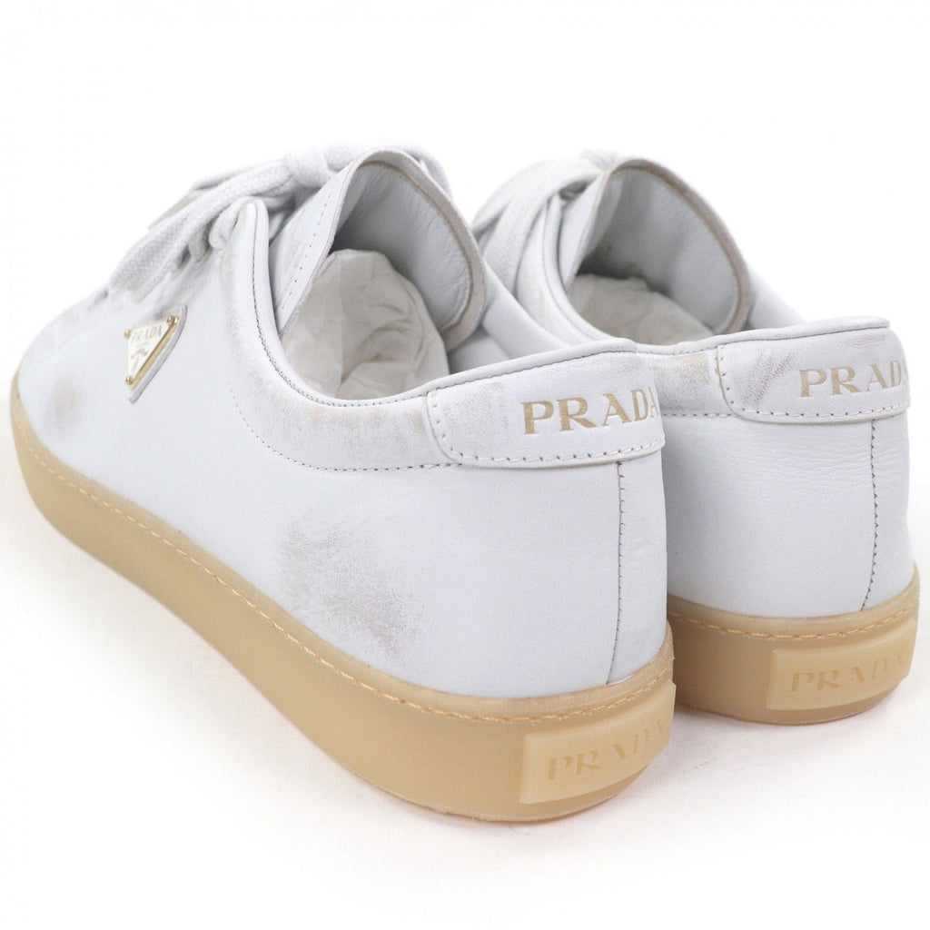 Prada Triangle Logo Distressed Low Cut Sneakers Leather Shoes White 7.5 — view 6