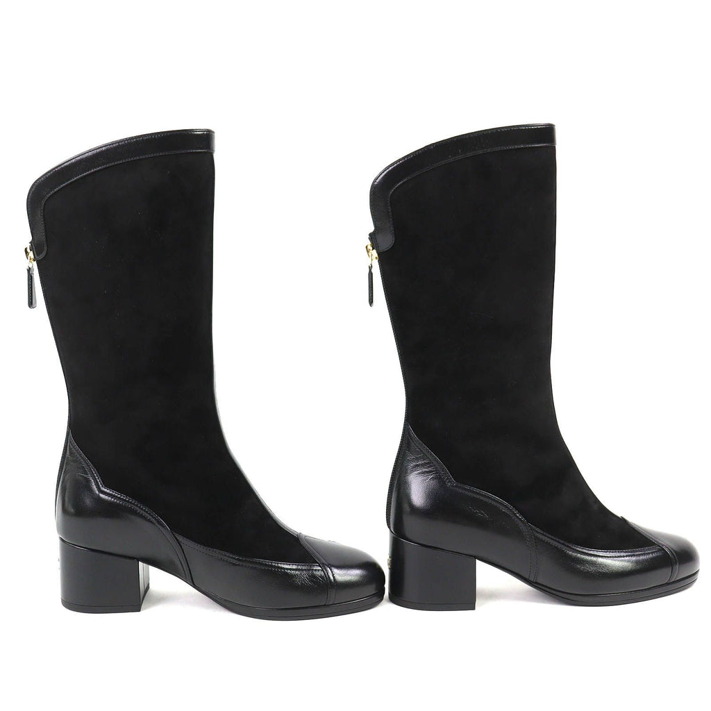 Chanel CC Logo Back Zip Suede Leather Long Boots Black 36 Leg Effect — view 4