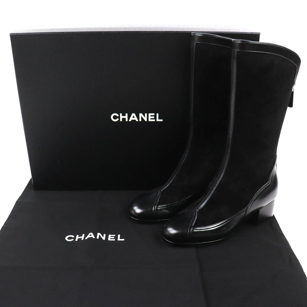Chanel CC Logo Back Zip Suede Leather Long Boots Black 36 Leg Effect — view 2