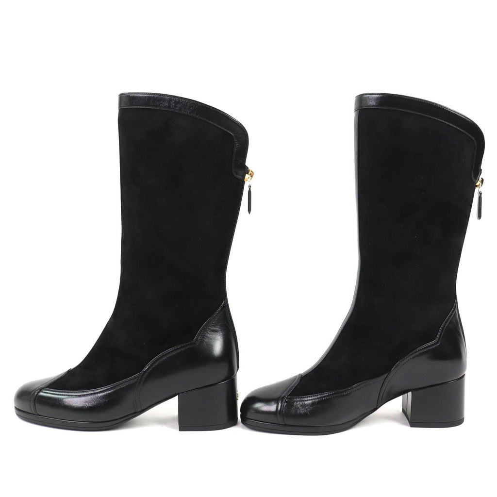 Chanel CC Logo Back Zip Suede Leather Long Boots Black 36 Leg Effect — view 3