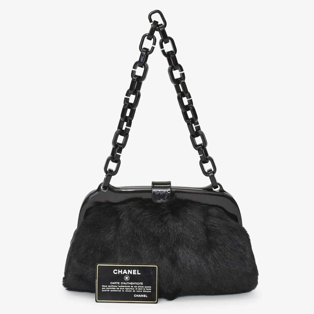 Chanel Plastic Chain Bag CC Logo Goat Fur Leather Black