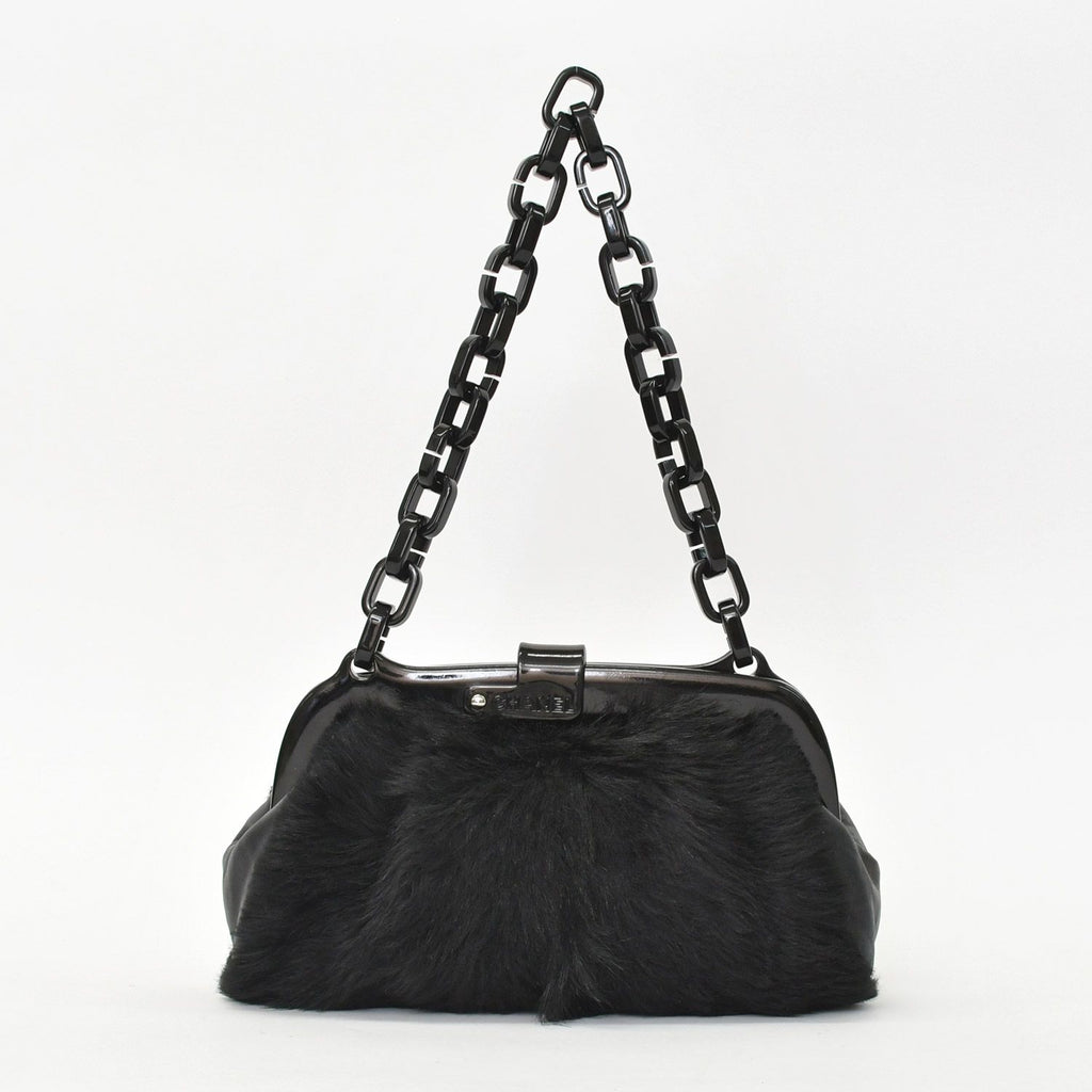 Chanel Plastic Chain Bag CC Logo Goat Fur Leather Black — view 4