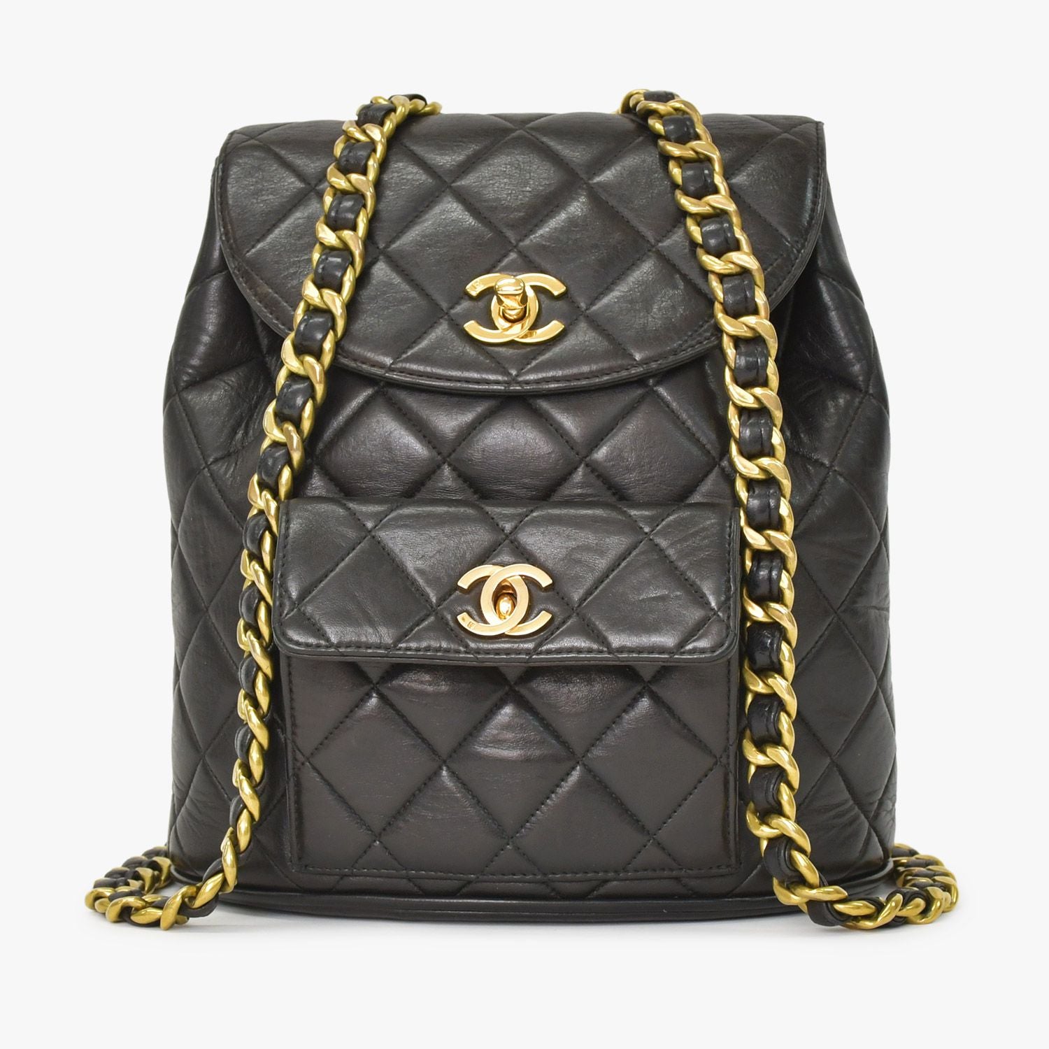 Chanel Quilted Backpack Lambskin CC Logo Black Vintage Gold