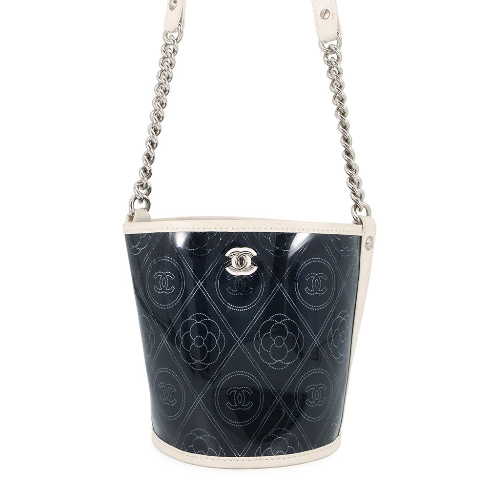 Chanel Chain Shoulder Bag Camellia CC Logo Vinyl Leather Black White