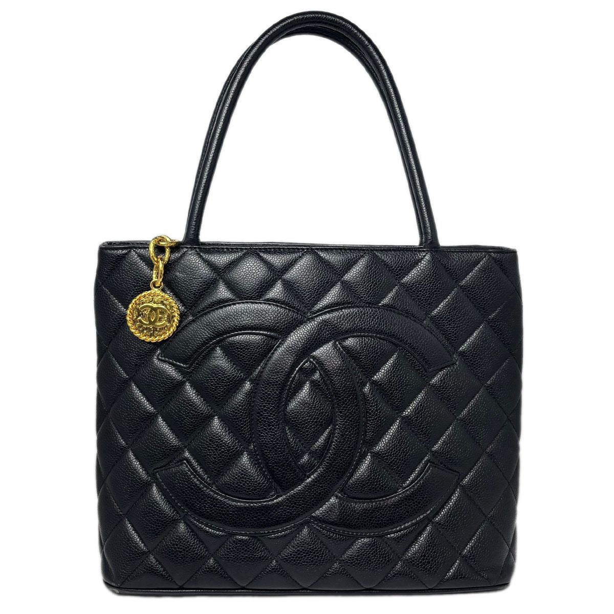 Chanel Medallion Tote Caviar Leather CC Logo Black Gold