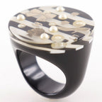 Chanel Border CC Logo Vintage Resin Faux Pearl White Ring