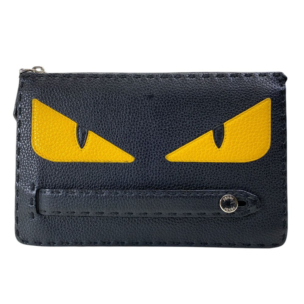 Fendi Mon Star Bugs Eye Clutch Leather Black Gold Slim Lightweight Practical