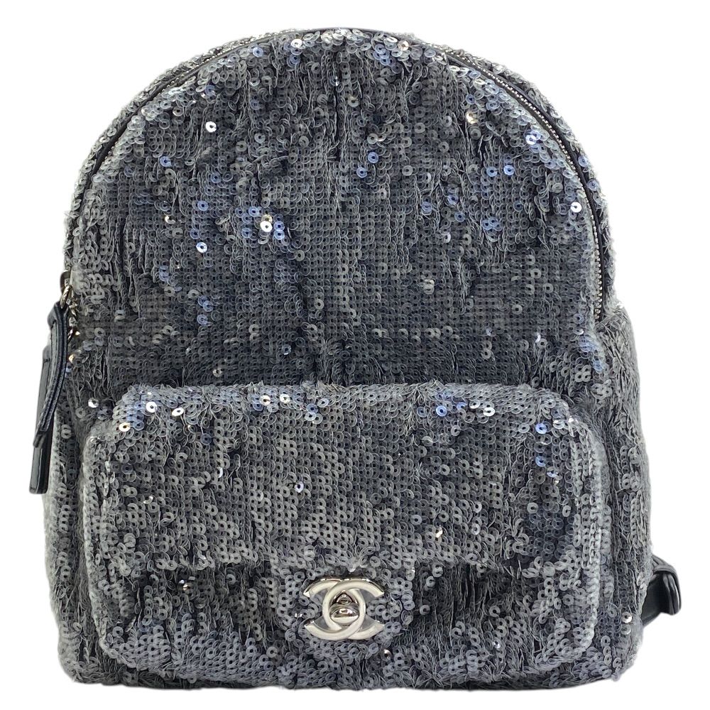 Chanel Sequin Waterfall Backpack CC Logo Gray Black Silver Lightweight Practical