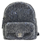 Chanel Sequin Waterfall Backpack CC Logo Gray Black Silver Lightweight Practical