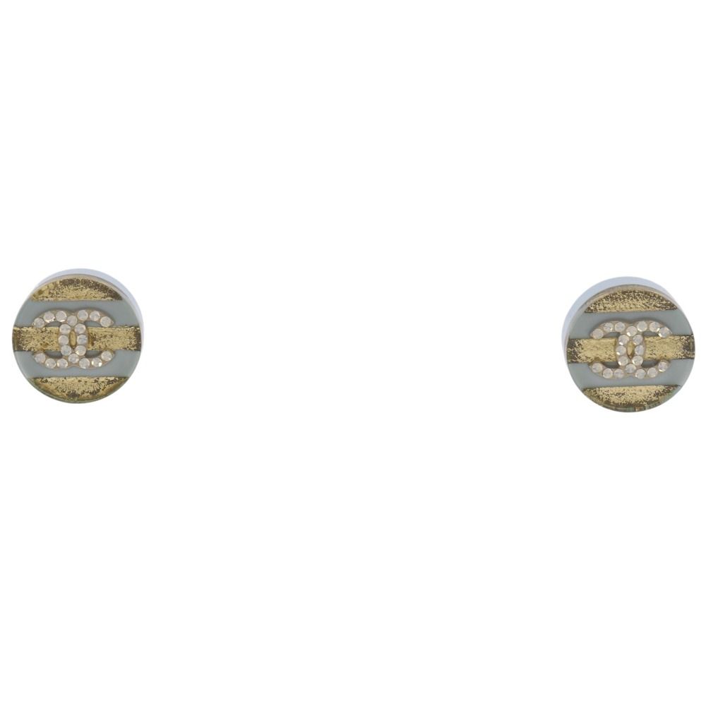 Chanel Logo CC Stripe Resin Rhinestone Metal Gold 13c Earrings