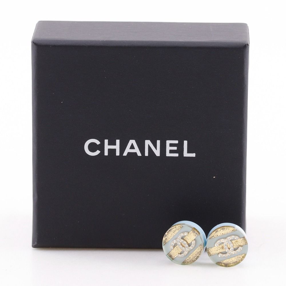 Chanel Logo CC Stripe Resin Rhinestone Metal Gold 13c Earrings — view 9