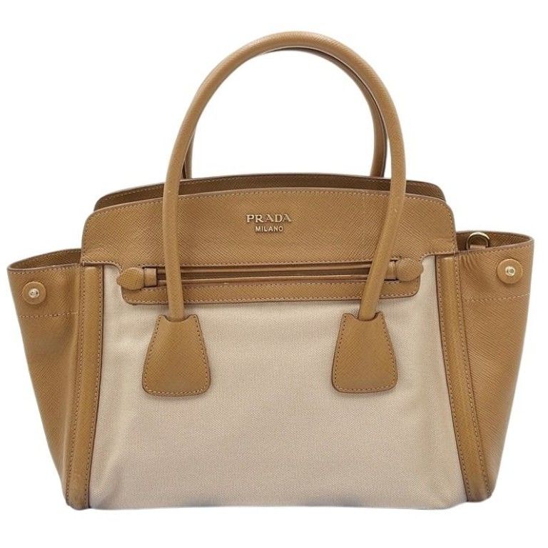 Prada Beige Brown Leather Canvas 2-Way Shoulder Bag