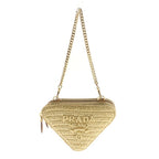 Prada Triangle Crochet Mini Shoulder Bag Chain Beige Woven Fabric Gold