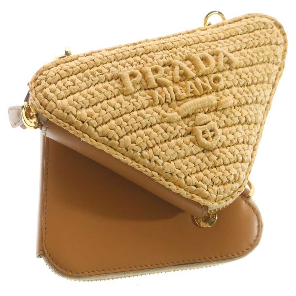 Prada Triangle Crochet Mini Shoulder Bag Chain Beige Woven Fabric Gold — view 5