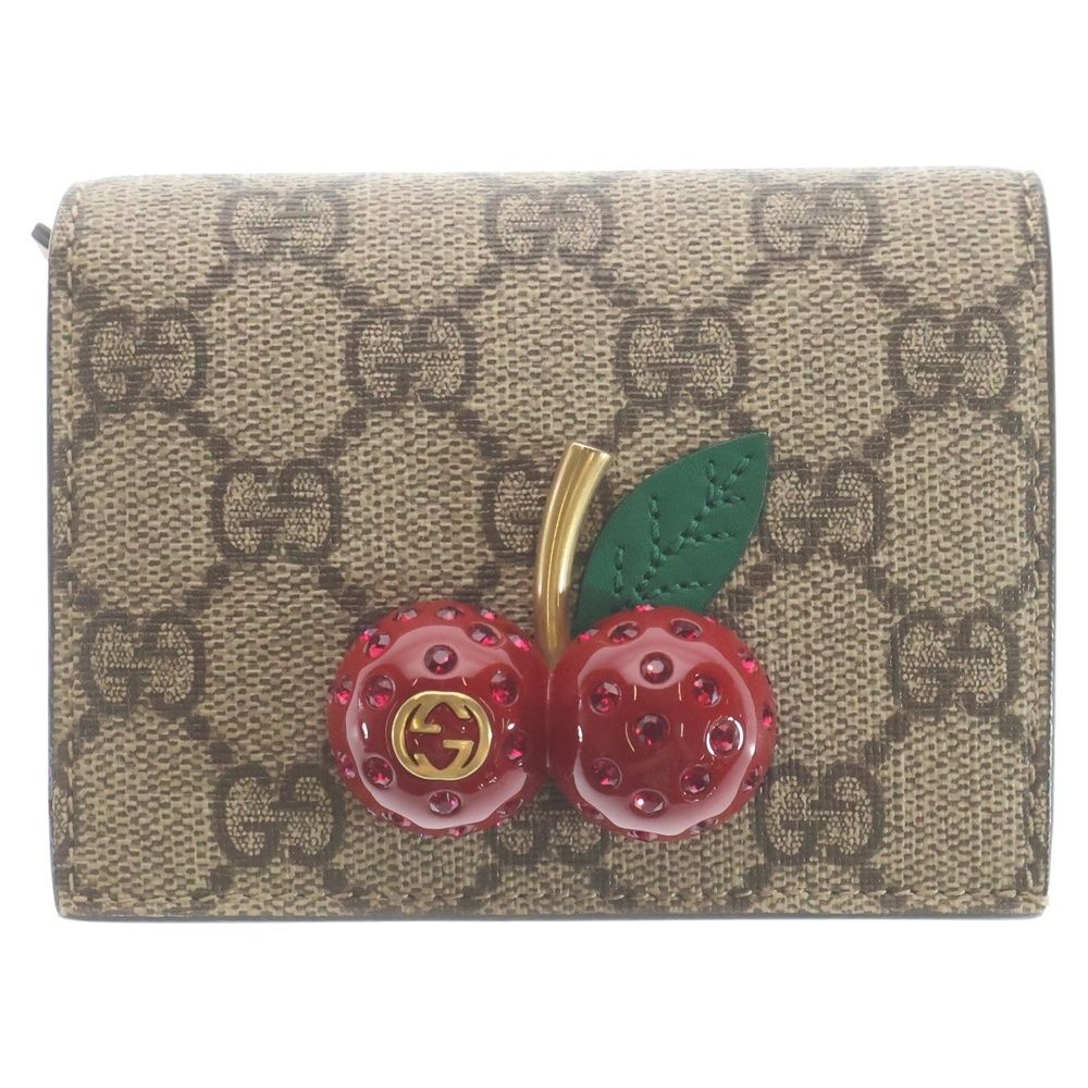 Gucci GG Supreme Cherry Compact Wallet Bifold Beige Red