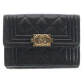 Chanel Quilted Compact Wallet Trifold Coin Case Black Lambskin Gold