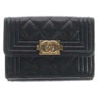Chanel Quilted Compact Wallet Trifold Coin Case Black Lambskin Gold