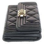 Chanel Quilted Compact Wallet Trifold Coin Case Black Lambskin Gold — view 3