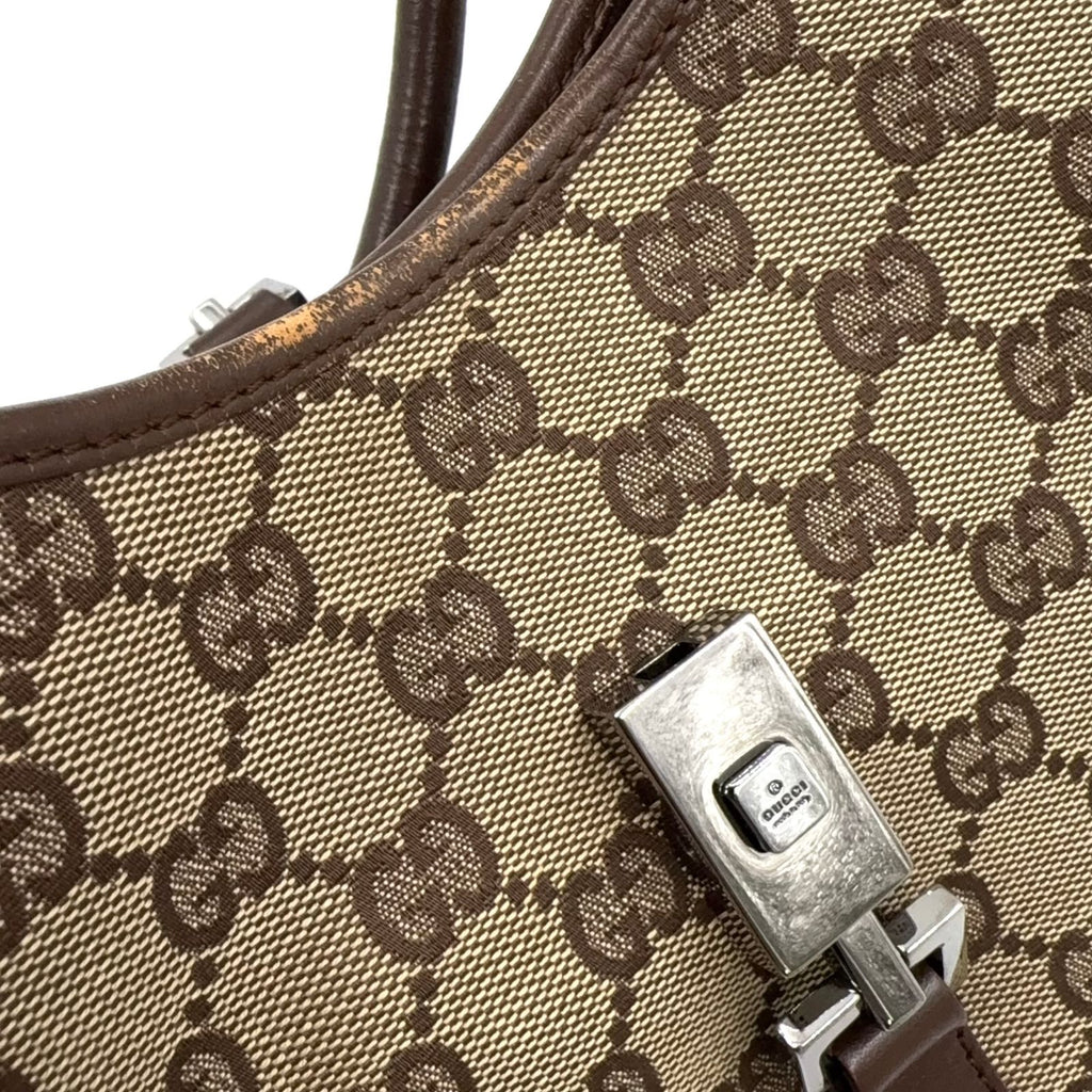 Gucci Jackie Leather Canvas Brown Beige Handbag Silver — view 9