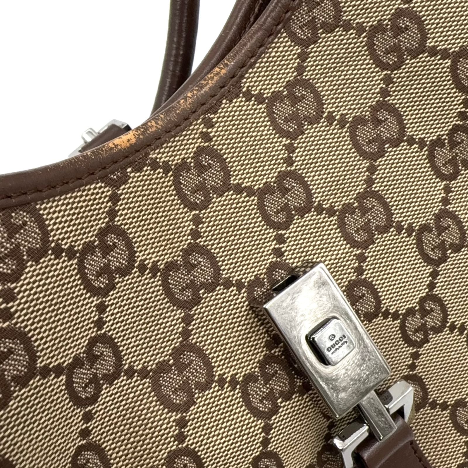 Gucci Jackie Leather Canvas Brown Beige Handbag Silver — view 9