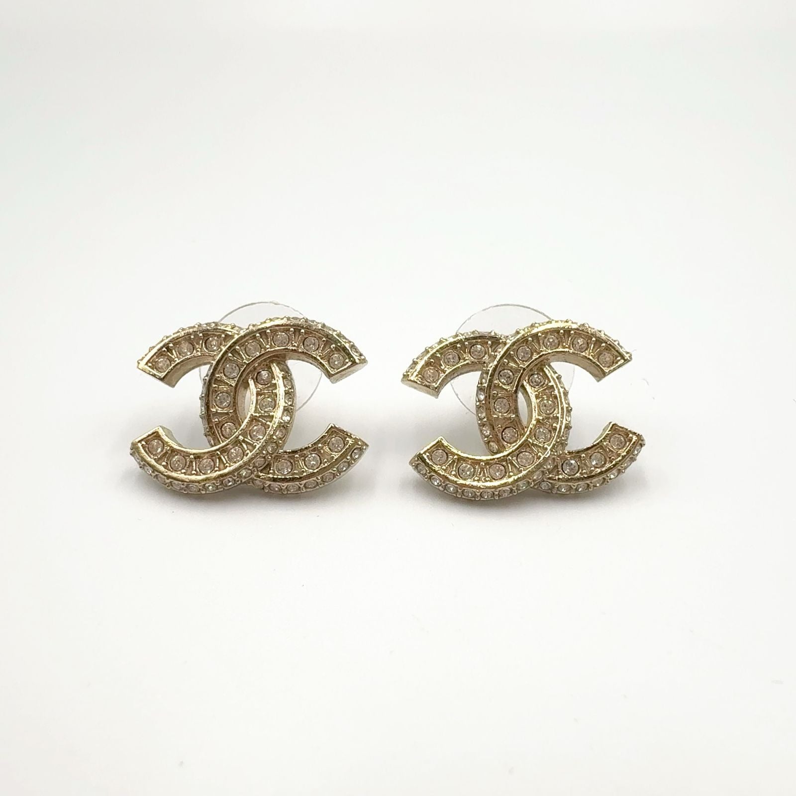Chanel CC Logo Rhinestone Color Clear Gold Earrings — view 5
