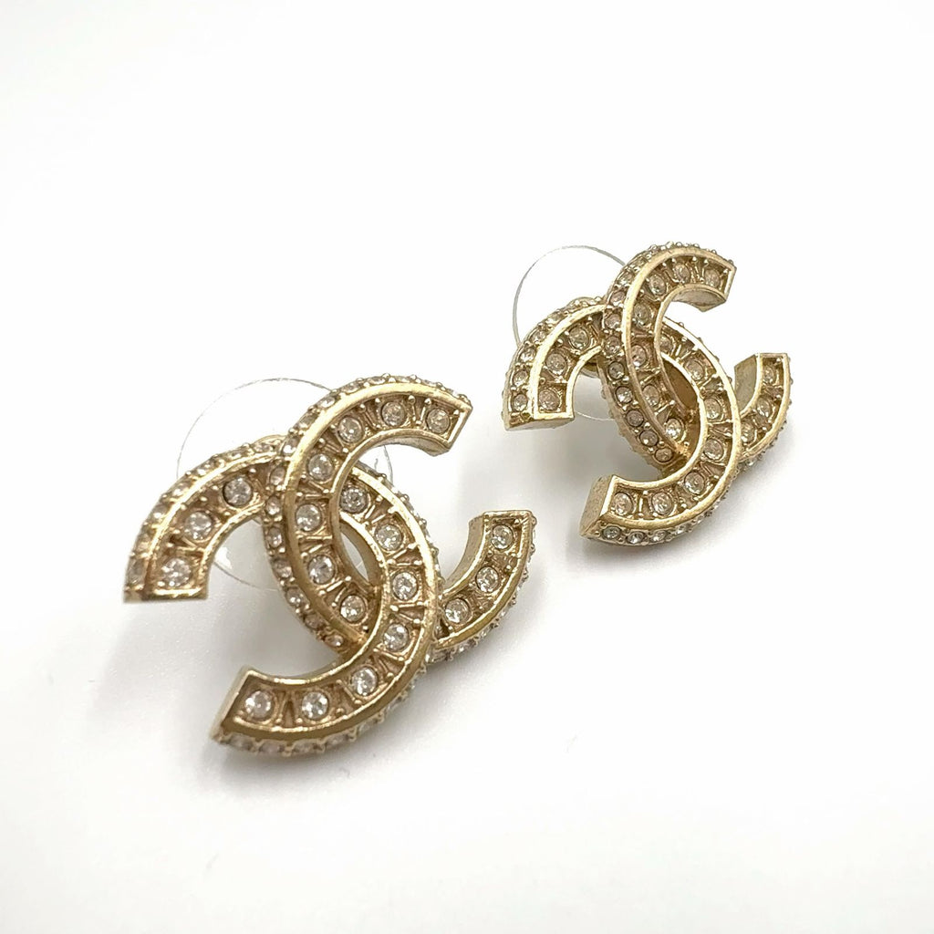 Chanel CC Logo Rhinestone Color Clear Gold Earrings — view 8
