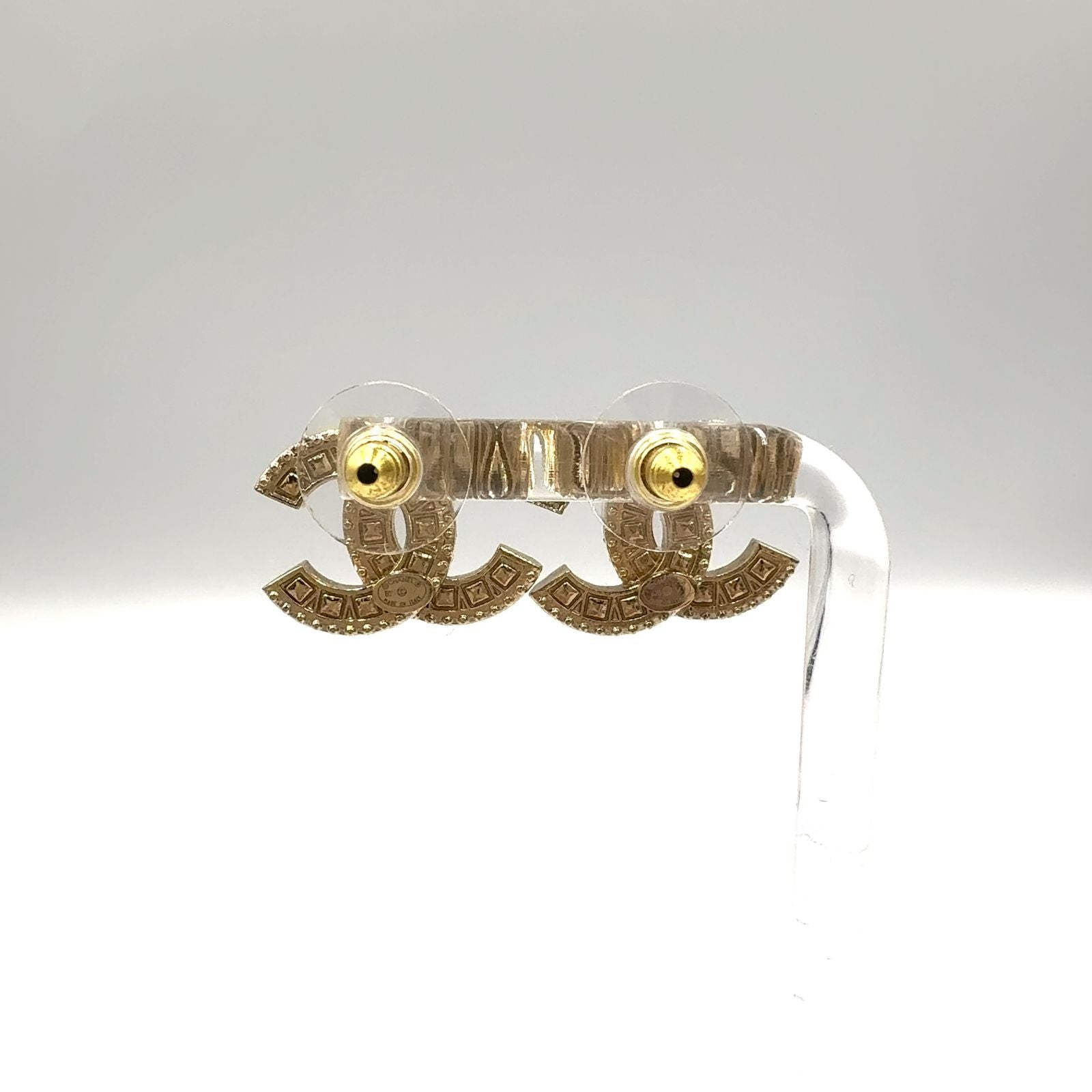 Chanel CC Logo Rhinestone Color Clear Gold Earrings — view 3