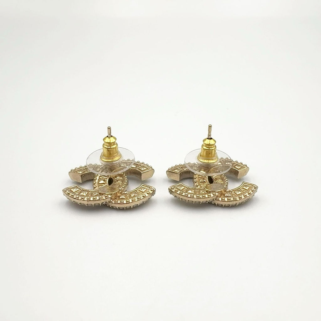 Chanel CC Logo Rhinestone Color Clear Gold Earrings — view 6