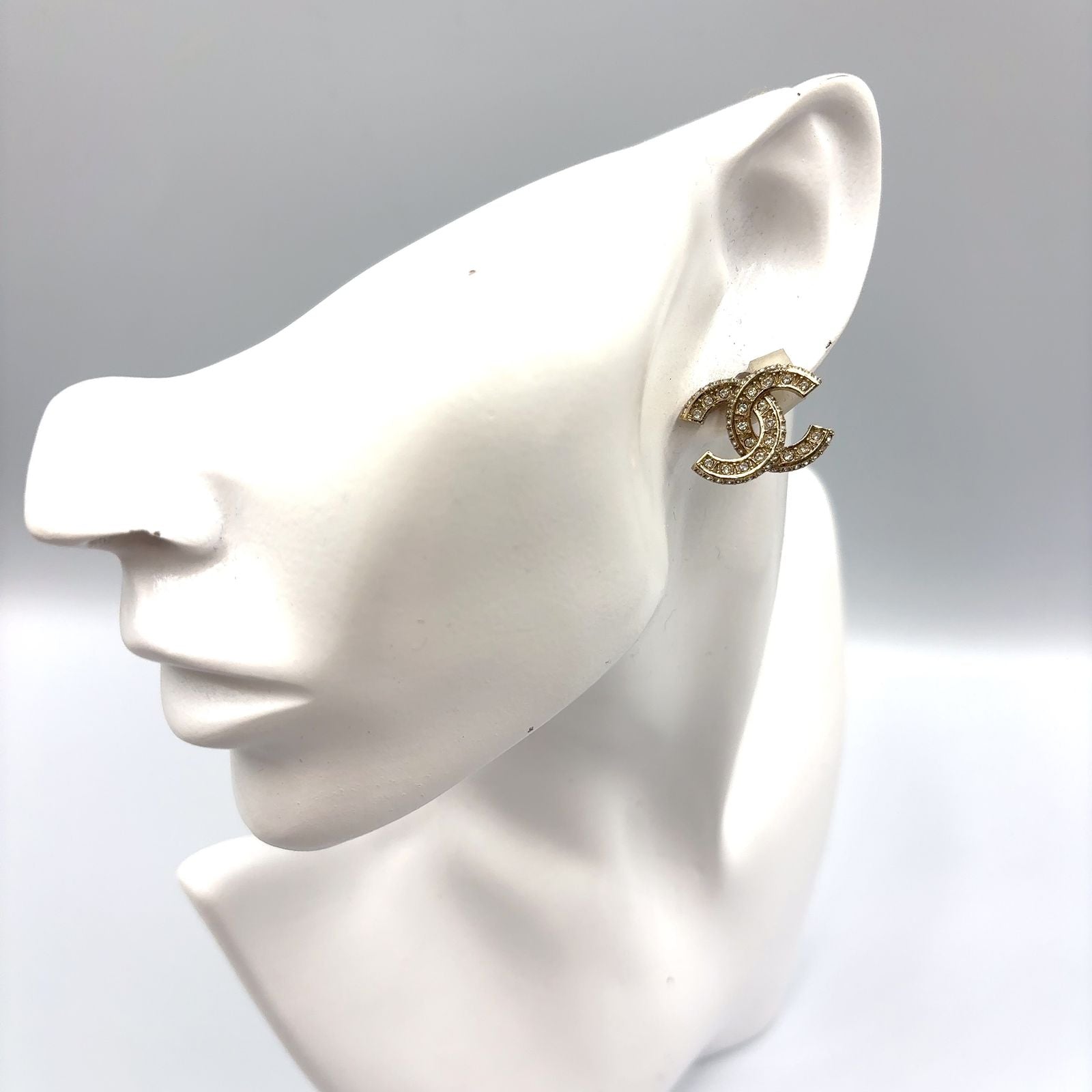 Chanel CC Logo Rhinestone Color Clear Gold Earrings — view 9