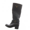 Prada Long Boots Chunky Heels Logo Leather Black