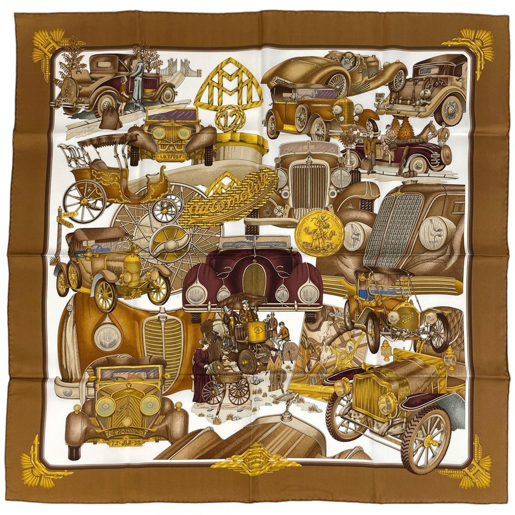 Hermes Carre 90 Automobile Car Scarf Silk Brown Multicolor