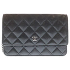 Chanel CC Logo Chain Shoulder Bag Wallet Black Caviar Leather Silver