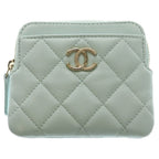 Chanel Quilted CC Logo Zip Coin Purse Mini Wallet Mint Blue Caviar Leather Gold