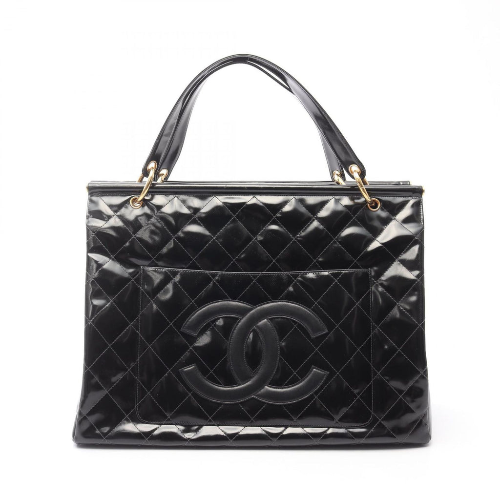 Chanel Tote Quilted Black Patent Leather CC Logo