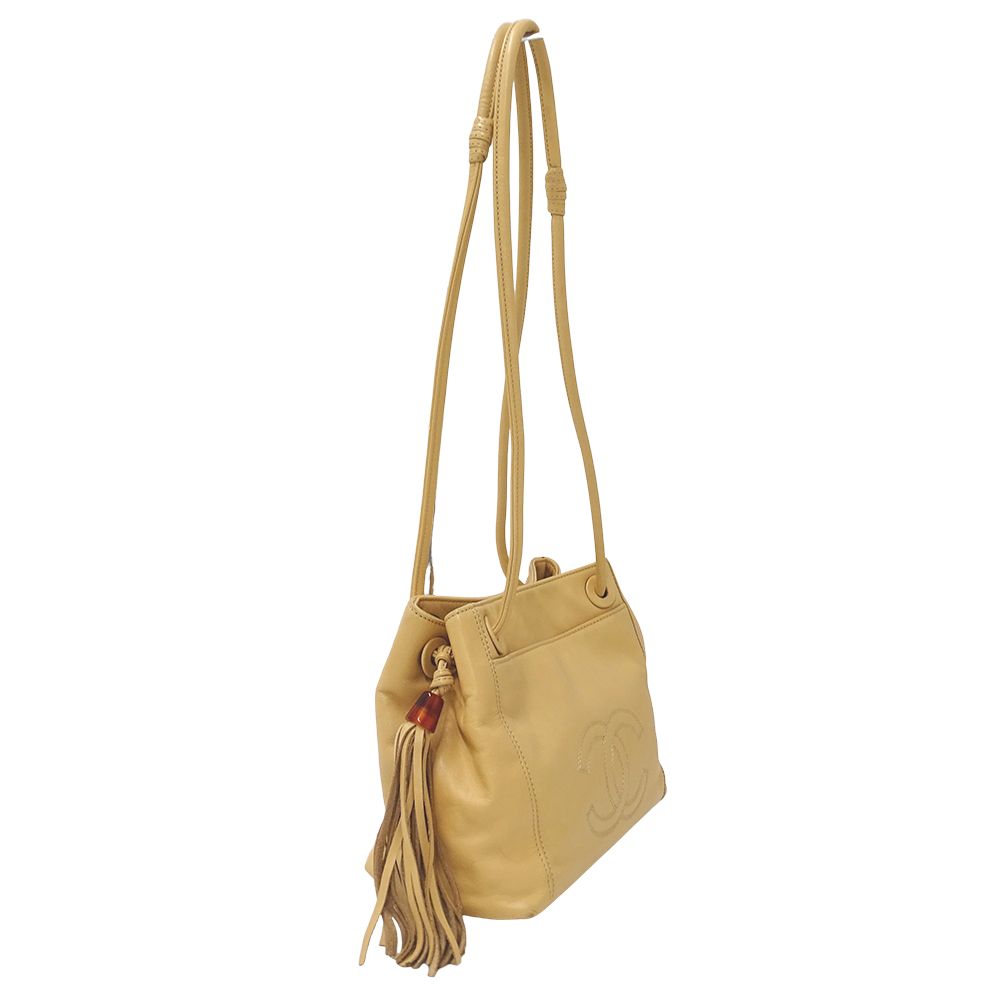 Chanel Shoulder Bag Leather Beige Tassel Fringe Small — view 4