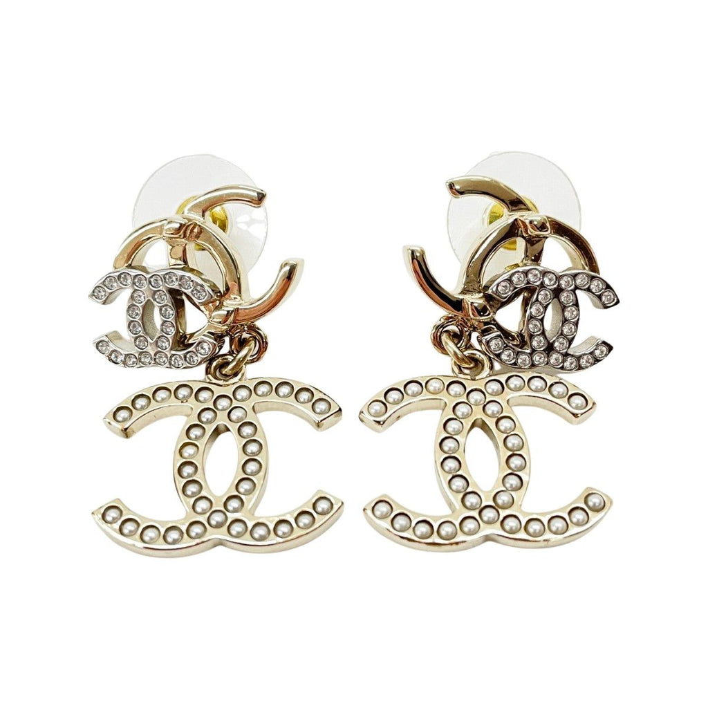 Chanel Earrings Triple CC Logo Rhinestone Faux Pearl