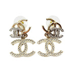 Chanel Earrings Triple CC Logo Rhinestone Faux Pearl