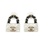 Chanel Earrings Bag Motif CC Logo Quilted Gold White