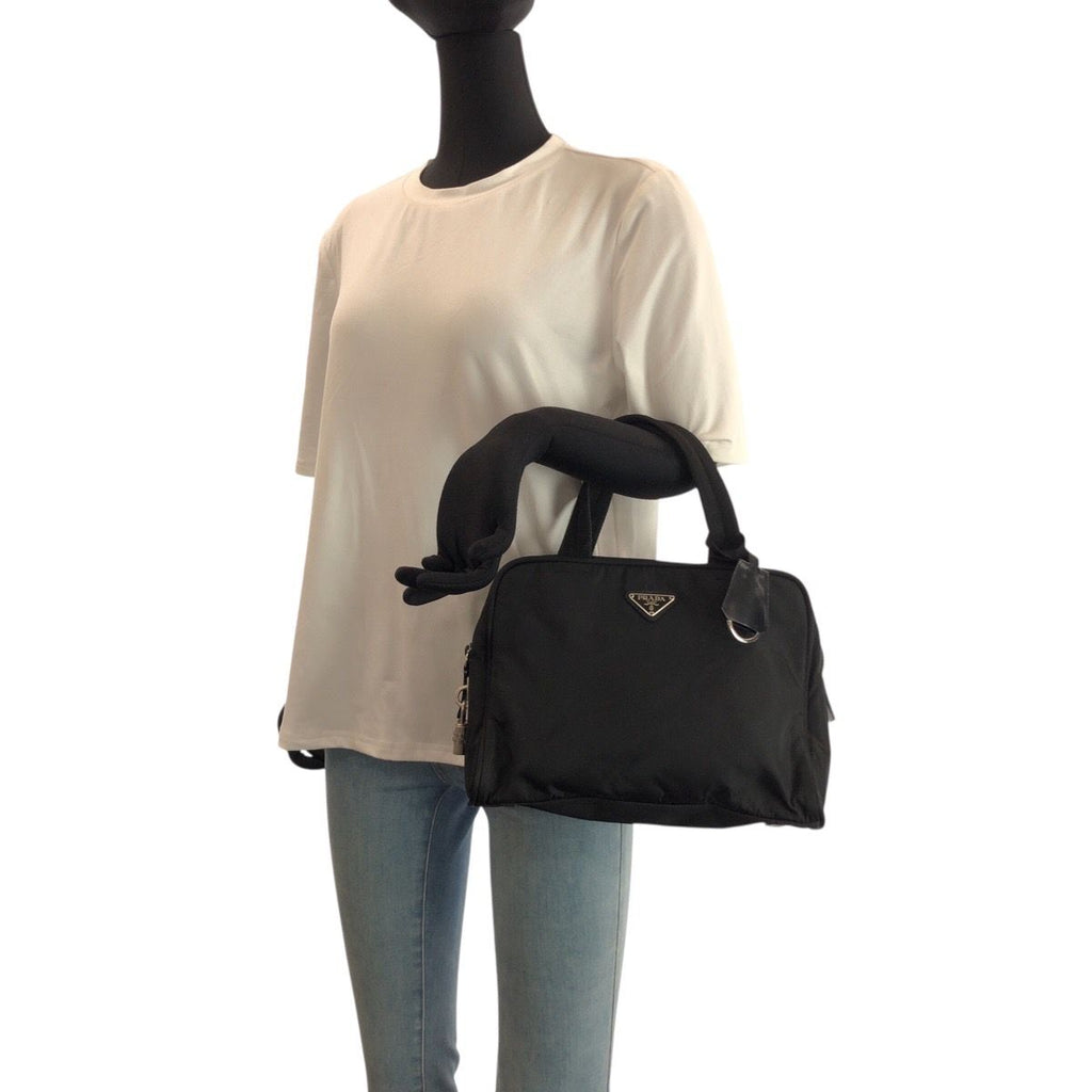 Prada Tessuto Black Silver Nylon Leather Tote — view 6