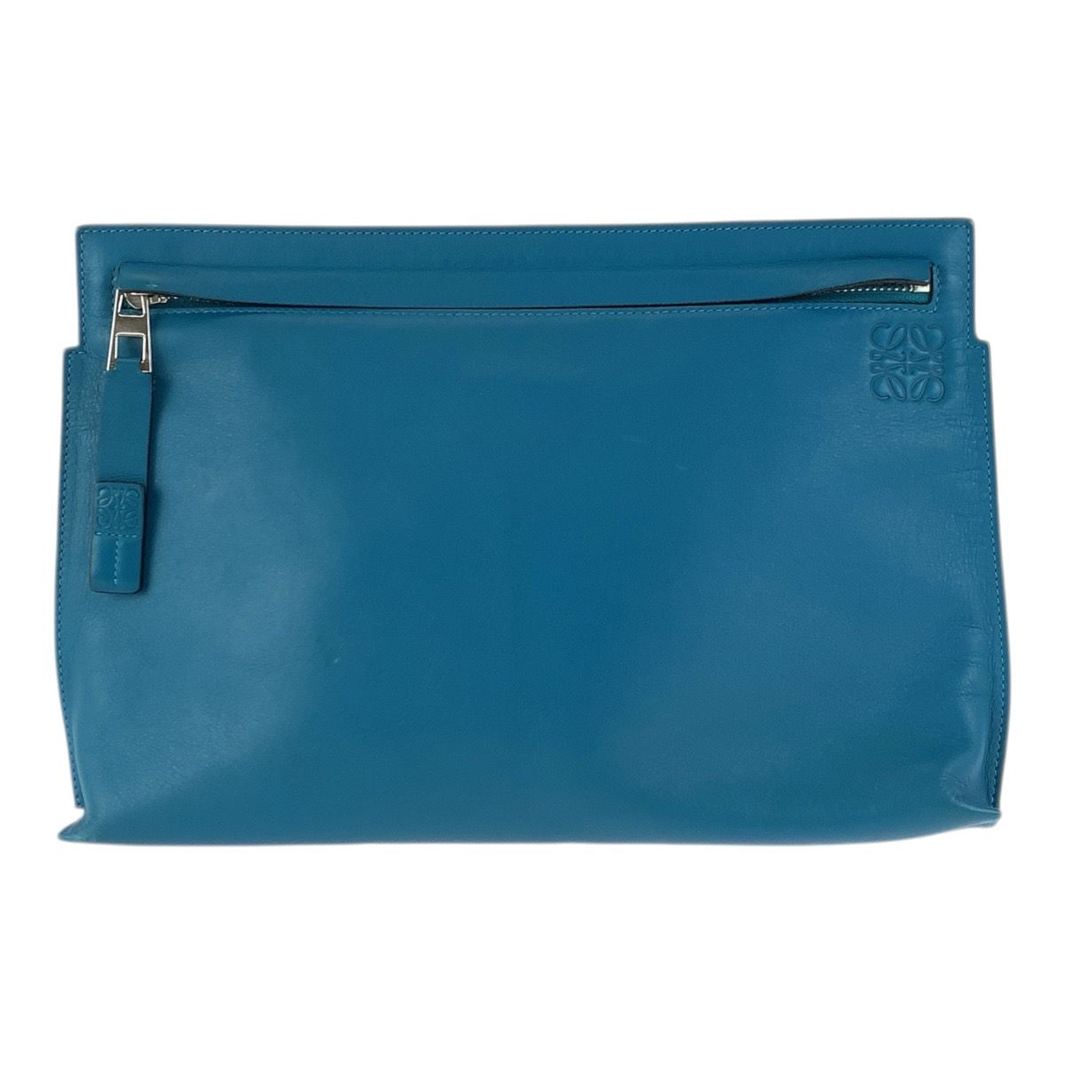 Loewe Anagram Turquoise Blue Silver Leather Clutch