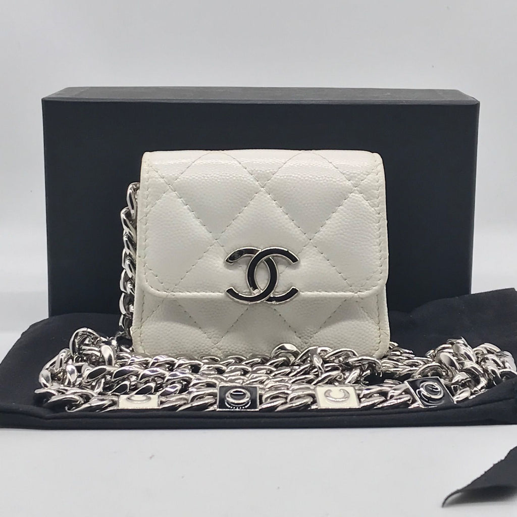 Chanel Caviar Leather Micro Quilted Chain Shoulder Bag White Price Negotiation