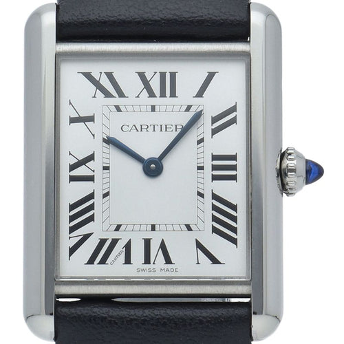 Cartier Tank Mast LM Watch Solar Beat Box SS Leather Silver Polished