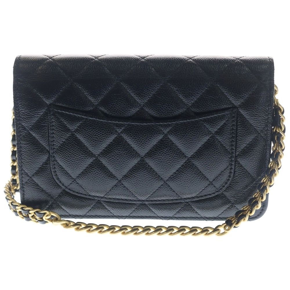 Chanel Quilted Chain Wallet Caviar Leather Shoulder Bag Gold Black Plate — view 2