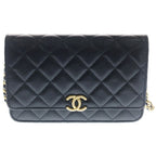 Chanel Quilted Chain Wallet Caviar Leather Shoulder Bag Gold Black Plate
