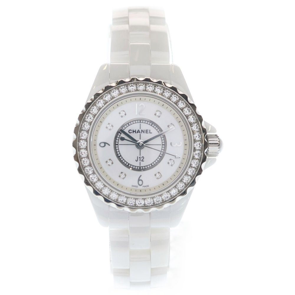 Chanel Shell Dial Bezel Diamond Watch White Rhinestone Ce SS Quartz
