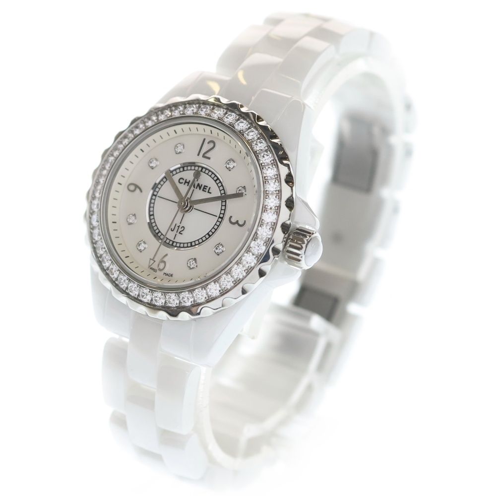 Chanel Shell Dial Bezel Diamond Watch White Rhinestone Ce SS Quartz — view 4