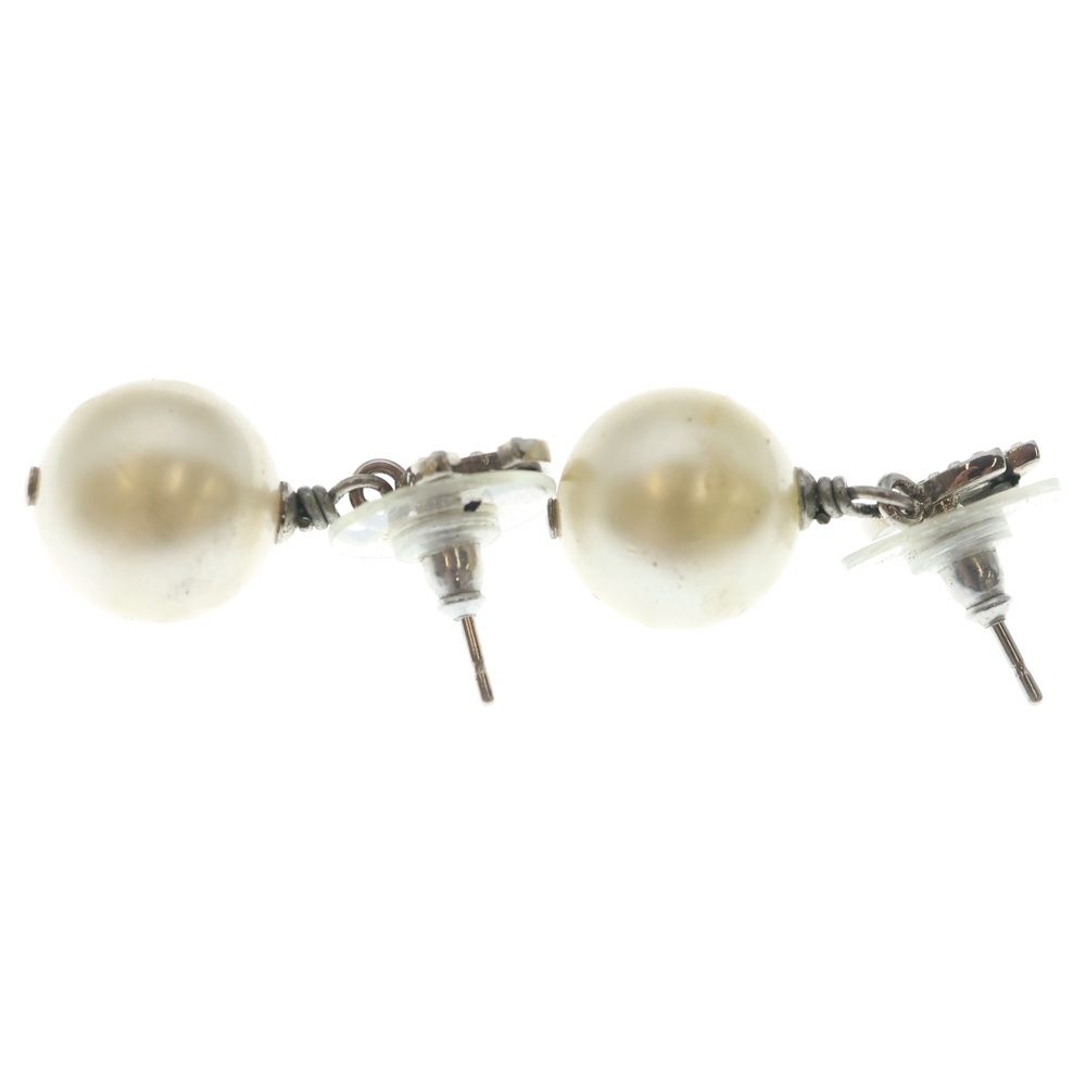 Chanel CC Logo Rhinestone Pearl White Earrings Silver — view 3